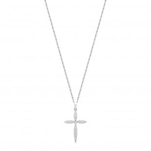 Round White Diamond Encrusted Cross Pendant Pointed Edges with 18 inch Gold Chain for Women (0.24 ctw, Color I-J, Clarity I2-I3) in 10K White Gold