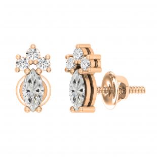 6x3mm Marquise and Round White Diamond Stud Earrings for Women (0.65 ctw Color I-J Clarity I1-I2) in 14K Rose Gold in Screw Back