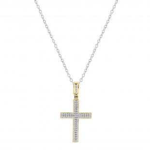 Round White Diamond Unisex Cross Pendant with 18 Inch Silver Chain in 10K Yellow Gold (0.50 ctw, Color I-J, Clarity I2-I3)
