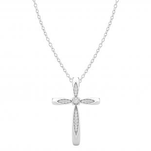 Round White Diamond Marquise Outlined Cross Pendant with 18 inch Silver Chain for Women (0.10 ctw, Color I-J, Clarity I2-I3) in 925 Sterling Silver