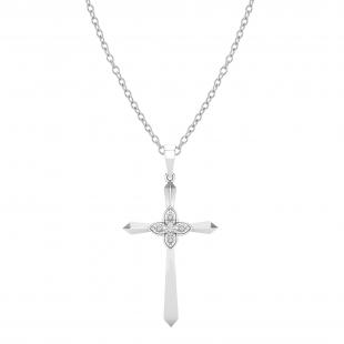 Round White Diamond Illusion Set Four Petal Flower Cross Pendant with 18 inch Silver Chain for Women (0.04 ctw, Color I-J, Clarity I2-I3) in 925 Sterling Silver
