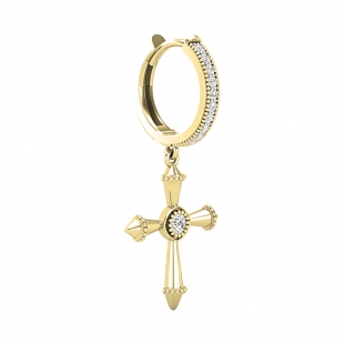 2.5mm Each Centre Round White Diamond Beaded Edge Dangle Cross Unisex Hinged Post Hoop Earring (1 pc) in 14K Yellow Gold