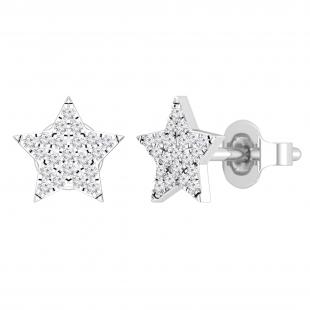 Round White Diamond Celestial Star Stud Earrings for Women (0.16 Ctw Color I-J Clarity I2-I3) in 10K White Gold in Push Back