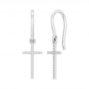 Round White Diamond French Wire Cross Dangle Earrings for Her (0.11 ctw Color I-J Clarity I2-I3) in 925 Sterling Silver