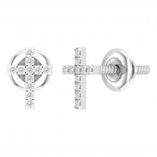 Round White Diamond Gothic Cross Stud Earrings for Women in 10K White Gold (0.05 ctw, Color I-J, Clarity I2-I3) in Screw Back