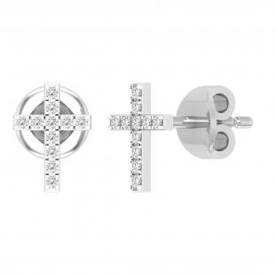 Round White Diamond Gothic Cross Stud Earrings for Women in 925 Sterling Silver (0.05 ctw, Color I-J, Clarity I2-I3) in Push Back
