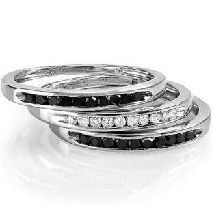 0.50 Carat (ctw) Sterling Silver Black and White Round Real Diamond Wedding Anniversary Stackable 3 pcs Band Ring 1/2 CT