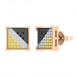 0.06 Carat (ctw) Round Black Yellow White & Metal Alternate Diamond Square Frame (Unisex) Stud Earrings in 10K Rose Gold in Push Back
