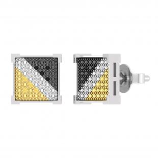 0.06 Carat (ctw) Round Black Yellow White & Metal Alternate Diamond Square Frame (Unisex) Stud Earrings in 925 Sterling Silver in Push Back