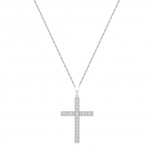 Round White Diamond Square Miligrain Edge Unisex Cross Pendant with 18 inch Gold Chain (1.60 ctw, Color I-J, Clarity I2-I3) in 10K White Gold