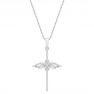 Round White Diamond Infinity Wings Cross Pendant with 18 inch Gold Chain for Women (0.14 ctw, Color I-J, Clarity I2-I3) in 10K White Gold