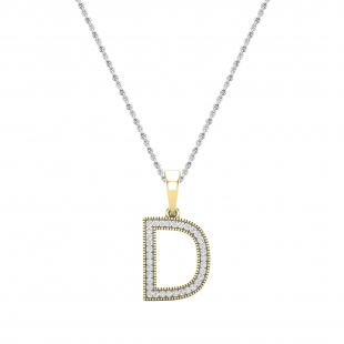 Round White Diamond Upper Case Initial D Letter Pendant with 18 inch Silver Chain for Women (0.15 ctw, Color I-J, Clarity I1-I2) in 14K Yellow Gold