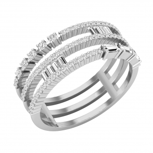 Baguette & Round White Diamond Classic Three Row Anniversary Ring for Women (0.45 ctw, Color I-J, Clarity SI) in 14K White Gold