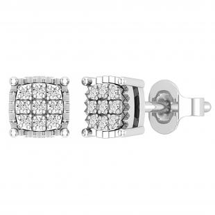Round White Diamond 9 Stone Cushion Shaped Rectangular Grooved Stud Earrings for Women (0.10 ctw, Color I-J, Clarity I2-I3) in 925 Sterling Silver in Push Back