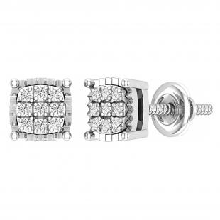 Round White Diamond 9 Stone Cushion Shaped Rectangular Grooved Stud Earrings for Women (0.10 ctw, Color I-J, Clarity I2-I3) in 925 Sterling Silver in Screw Back