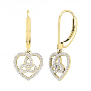 Round White Diamond Triquetra Heart Dangle Drop Lever Back Earrings for Women (0.27 ctw, Color I-J, Clarity I2-I3) in 10K Yellow Gold