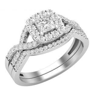 4mm Princess & Round White Diamond Entwined Cushion Shape Halo Wedding Ring Set for Her (1.00 ctw, Color I-J, Clarity I2-I3) in 925 Sterling Silver