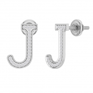 0.11 Carat Round White Diamond Initial 'J' Letter Stud Earrings for Women in 925 Sterling Silver in Screw Back