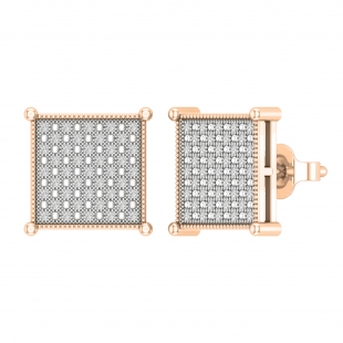 Round White Diamond Square Filigree Groove Sides Pushback Cushion Stud Earrings (0.20 Ctw, Color I-J, Clarity I1-I2) in 18K Rose Gold