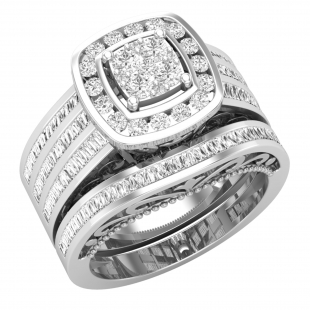 1.85 Carat (ctw) Baguette & Round White Diamond Cushion Filigree Two Tone Engagement Ring Set for Women in 925 Sterling Silver
