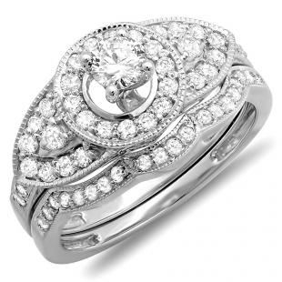 1.00 Carat (ctw) 10k White Gold Round Diamond Ladies Vintage Look Bridal Wedding Ring Set with Matching Band