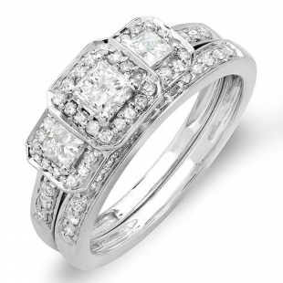 1.00 Carat (ctw) 14k White Gold Round & Princess Cut 3 Stone Diamond Ladies Engagement Ring Matching Band Set