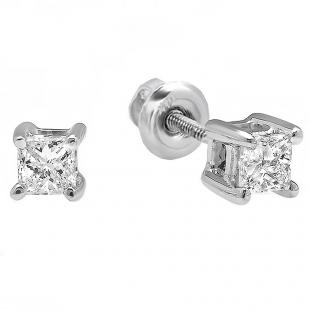 IGI CERTIFIED 0.23 Carat (ctw) 14K White Gold Princess Cut White Diamond Ladies Solitaire Stud Earrings 1/4 CT