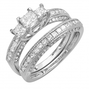 1.50 Carat (ctw) 14k White Gold Princess and Round Diamond Ladies Bridal 3 Stone Engagement Ring Matching Wedding Set 1 1/2 CT