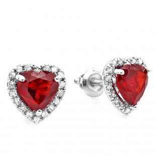 1.80 Carat (ctw) 10K White Gold Deep Red Color Heart Shape Garnet & Round Cut Diamond Halo Stud Earrings