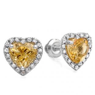 1.75 Carat (ctw) 14K White Gold Heart Shape Citrine & Round Cut Diamond Ladies Halo Stud Earrings