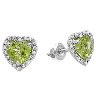 1.65 Carat (ctw) 10k White Gold Heart Cut Green Peridot & Round Diamond Ladies Halo Stud Earrings