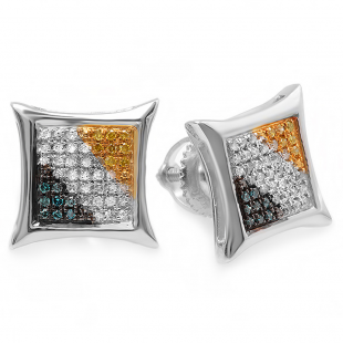 0.20 Carat (ctw) Sterling Silver Blue White & Yellow Round Diamond Micro Pave Setting Kite Shape Stud Earrings