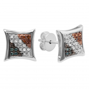 0.10 Carat (ctw) Round Blue White & Red Diamond Kite Shape Stud Earrings 1/10 CT 18K White Gold