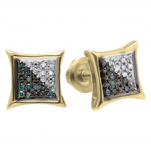 0.10 Carat (ctw) 10K Yellow Gold Blue & White Round Diamond Micro Pave Setting Kite Shape Stud Earrings 1/10 CT