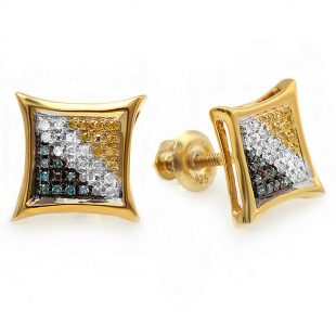 0.15 Carat (ctw) 18K Yellow Gold Plated Sterling Silver Blue White & Yellow Round Diamond Micro Pave Setting Kite Shape Stud Earrings