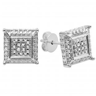0.05 Carat (ctw) Round White Diamond Micro Pave Setting Square Shape Stud Earrings Sterling Silver
