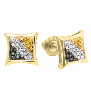 0.10 Carat (ctw) 14K Yellow Gold Blue White & Yellow Round Diamond Micro Pave Setting Kite Shape Stud Earrings 1/10 CT