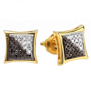 0.10 Carat (ctw) 14K Yellow Gold White & Black Round Diamond Micro Pave Setting Kite Shape Stud Earrings 1/10 CT