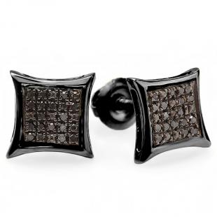 0.10 Carat (ctw) 18K Black Rhodium Plated Sterling Silver Black Round Diamond Micro Pave Setting Kite Shape Stud Earrings