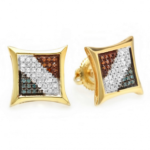 0.25 Carat (ctw) 14k Yellow Gold Blue White & Red Round Diamond Micro Pave Setting Kite Shape Stud Earrings 1/4 CT