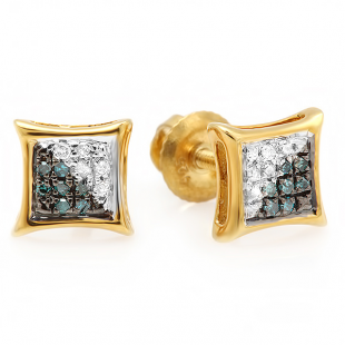 0.10 Carat (ctw) 14K Yellow Gold Blue & White Round Diamond Micro Pave Setting Kite Shape Stud Earrings 1/10 CT