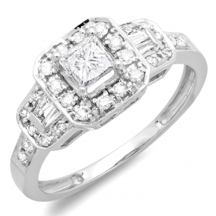 0.75 Carat (ctw) 14k White Gold Brilliant Round & Baguette Cut Diamond Ladies Engagement Bridal Ring