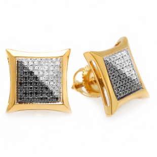 0.33 Carat (ctw) 10K Yellow Gold Black & White Round Diamond Micro Pave Setting Kite Shape Stud Earrings 1/3 CT