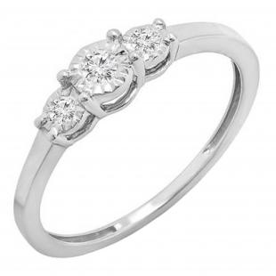 0.20 Carat (ctw) Round White Diamond Ladies 3 Stone Engagement Promise Ring 1/5 CT 18K White Gol