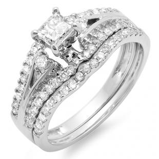 IGI CERTIFIED 1.15 Carat (ctw) 14K White Gold Princess & Round Diamond Ladies Ring Engagement Bridal Wedding Band Set