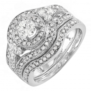 1.00 Carat (ctw) 14k White Gold Round Diamond Ladies Vintage Bridal Engagement Ring Set