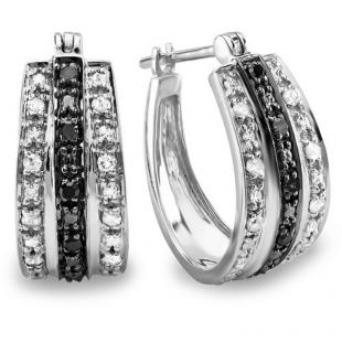 0.33 Carat (ctw) Sterling Silver Black & White Round Diamaond Ladies Hoop Earrings 1/3 CT