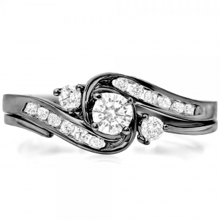 0.50 Carat (ctw) Black Rhodium Plated 14k White Gold Round Diamond Ladies Swirl Bridal Engagement Ring Matching Band Set 1/2 CT