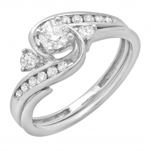 0.50 Carat (ctw) 10k White Gold Round Diamond Ladies Swirl Bridal Engagement Ring Matching Band Set 1/2 CT
