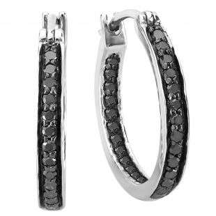 0.38 Carat (ctw) Round Black Diamond Fine In and Out Hoop Earrings 3/8 CT Sterling Silver